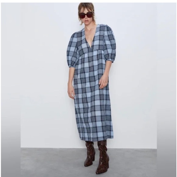 Zara Dresses & Skirts - Zara Blue Plaid Midi Cotton Dress